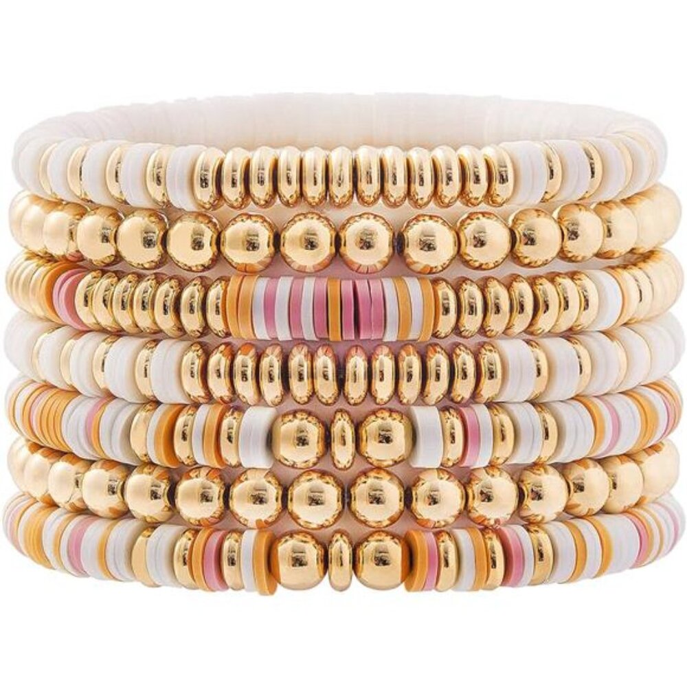 Surfer Heishi Clay Bead Bracelets for Women Bohemian Stackable Gold Beige Gold